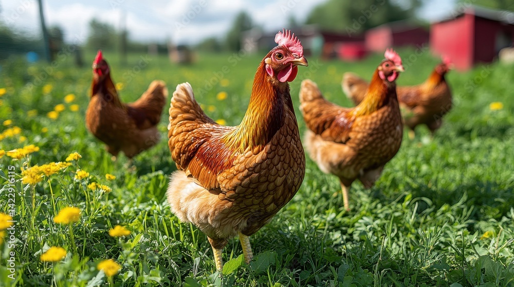 Fototapeta premium flock of chickens grazing on green grass - stock photo