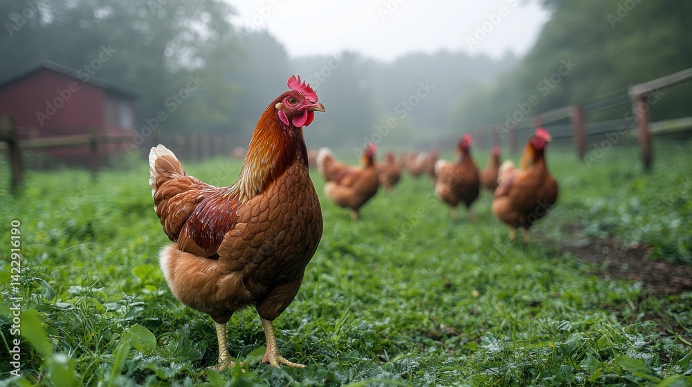 Fototapeta premium flock of chickens grazing on the grass free range chickens on farm - image for design