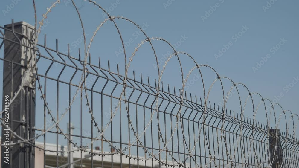 Security fencing with barbed wire in urban area under clear sky Security fencing with barbed wire in urban area under clear sky