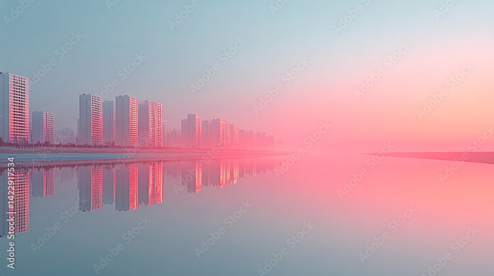 Fototapeta premium Neon city skyline reflected in a futuristic river, advanced waterfront architecture, AI-managed ecosystem, high-tech lighting, cybernetic aesthetic, conceptual urban design, immersive urban energy,