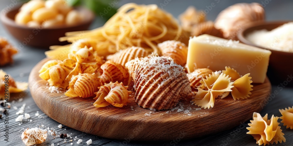 Various uncooked pasta shapes like penne, fusilli, and farfalle displayed on wooden board with chunks of cheese. Various uncooked pasta shapes like penne, fusilli, and farfalle displayed on wooden board with chunks of cheese.