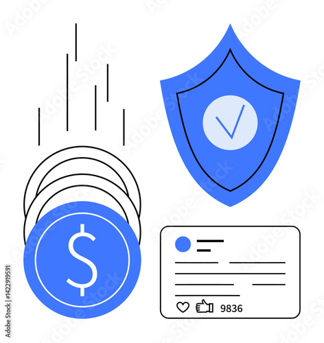 Falling coins represent finances, shield ensures protection, and card highlights social media interaction. Ideal for security, payment systems, online businesses, fintech, networking, reputation