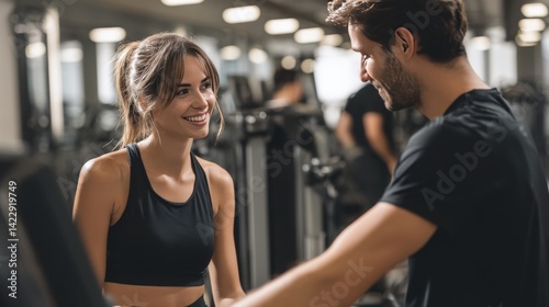 A young woman in black sportswear, smiling and talking to her personal trainer at the gym.