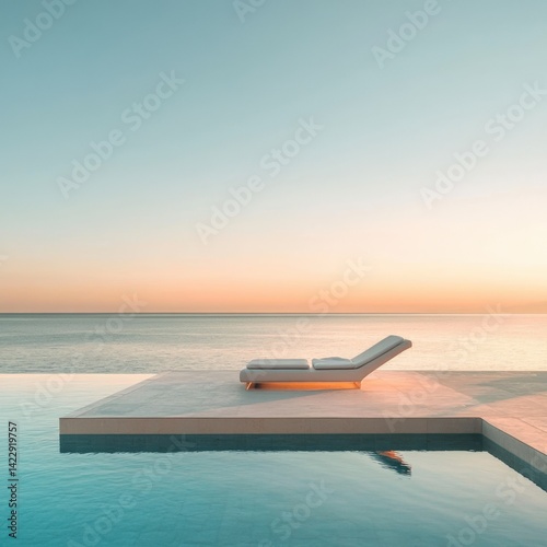 An infinity pool with a minimalist sun lounger overlooking the ocean at sunset, soft pastel colors, a minimalist style