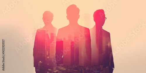 Double exposure of three young businessmen standing in front of a city skyline, with a pink and red gradient color tone. 