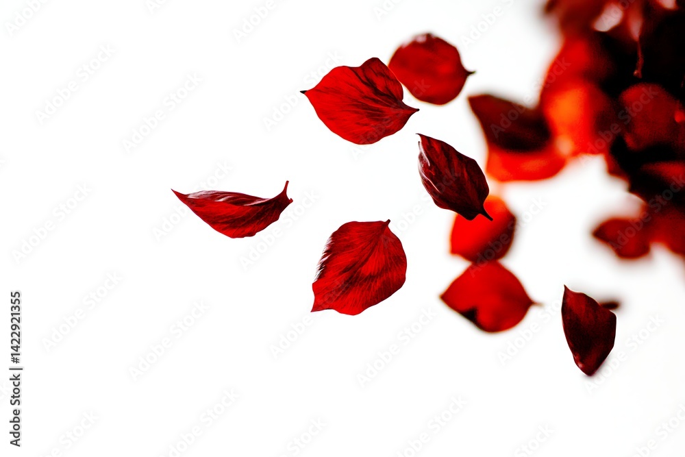 Fototapeta premium Red rose petals falling on white background