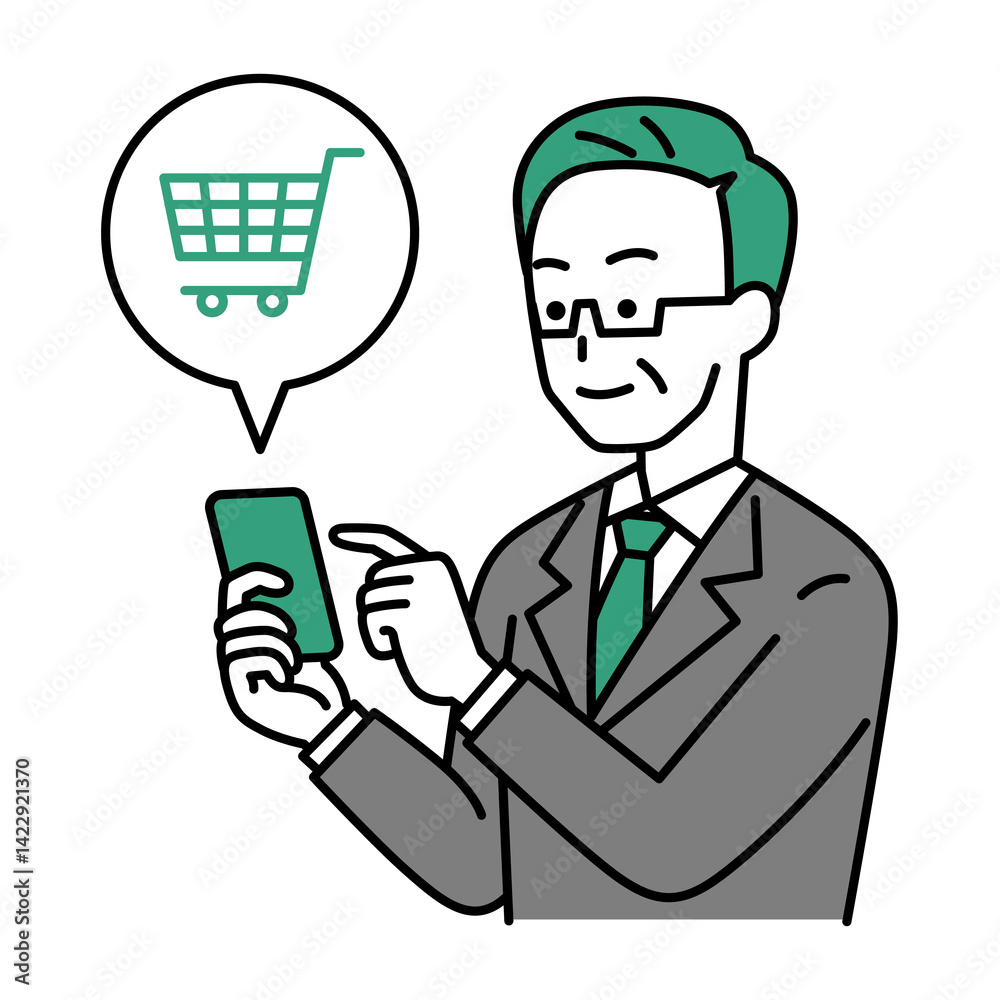 スマートフォンでネットショッピングをする中年のスーツの男性 スマートフォンでネットショッピングをする中年のスーツの男性