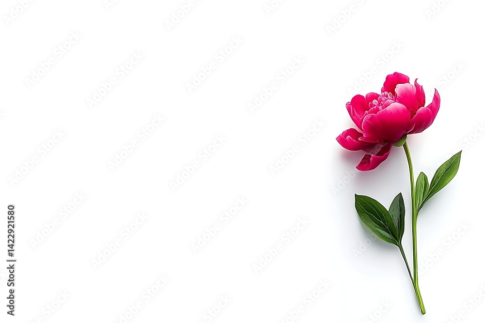 Fototapeta premium Single vibrant crimson peony on white background. Possible use Greeting card, floral design, botanical illustration
