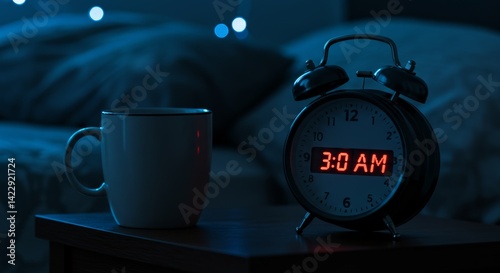 alarm clock and coffee mug on bedside table with soft bed background. display shows 3:00 am, signifying insomnia or early rise. cozy night scene with warm lighting