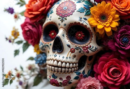 Ornate Sugar Skull Adorned with Vibrant Floral Wreath