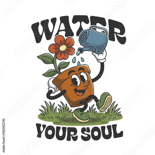 Cartoon flower pot character watering itself with cute style, suitable for t-shirt prints, stickers, posters, greeting cards, and other fun merchandise.