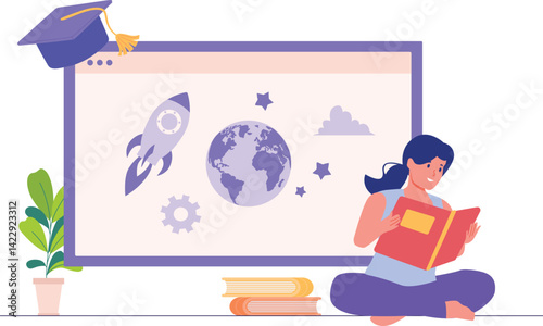 Female Student Gathering Astrophysics Knowledge