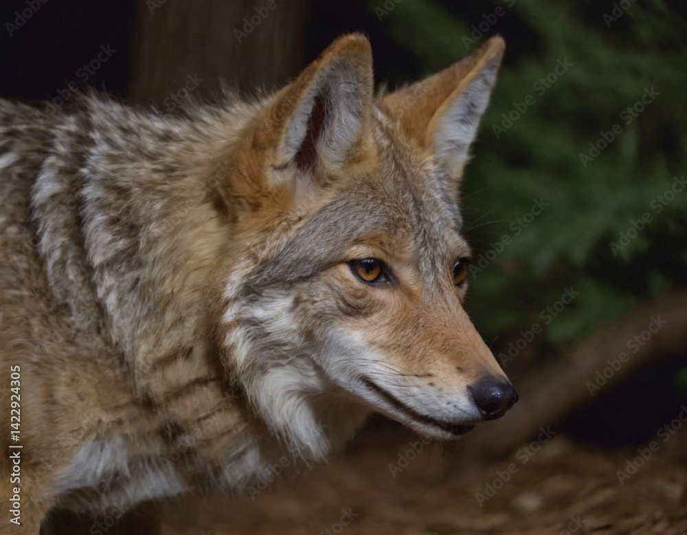 closeup of a coyote in the forest at night closeup of a coyote in the forest at night