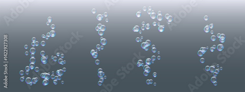 Blue fizzy bubbles floating in water. Isolated 3D elements for drink, champagne, or hydration-related visuals.