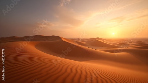 Golden Sand Dunes at Sunset – Long Shadows and Natural Ripples in a Vast, Silent Desert Landscape. photo