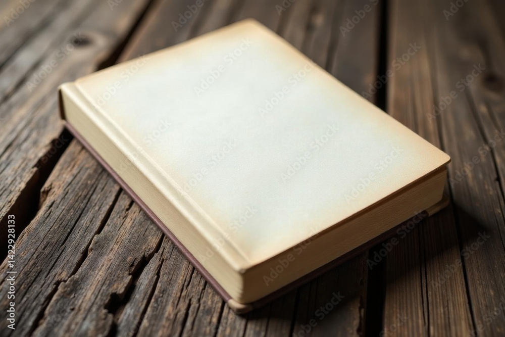Fototapeta premium Close-up of a blank book cover on a rough-textured wooden background, wood grain, paper texture