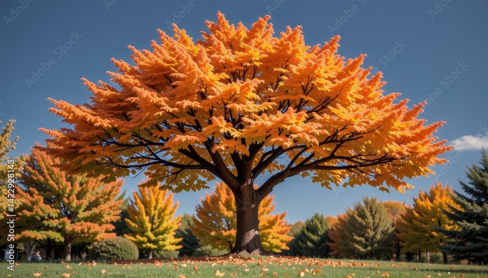 Naklejka premium Vibrant autumn tree with orange leaves against a clear blue sky.