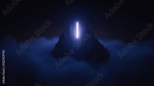 Glowing neon light beam shining from a dark futuristic mountain peak surrounded by thick blue fog at night.