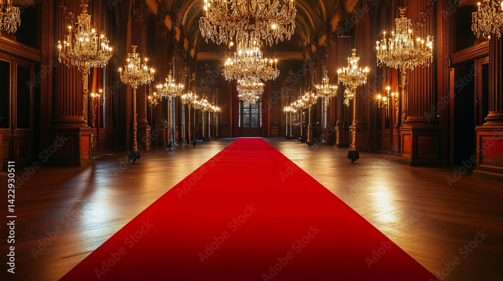 Obraz premium Grand Ballroom with Red Carpet and Sparkling Chandeliers at Night