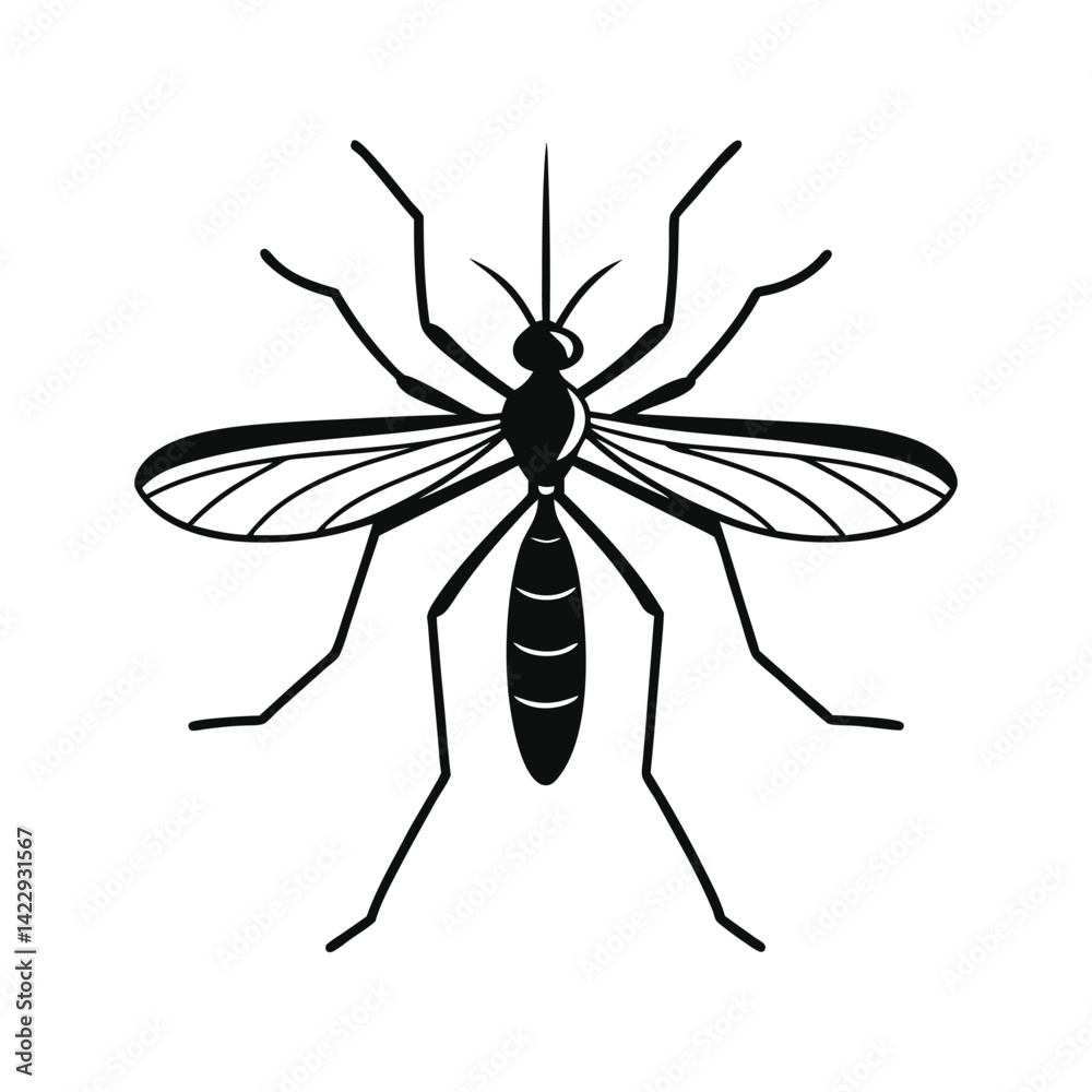 Solid black silhouette of a mosquito vector art and illustration on a white background Solid black silhouette of a mosquito vector art and illustration on a white background