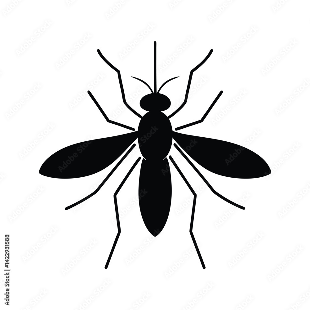Solid black silhouette of a mosquito vector art and illustration on a white background Solid black silhouette of a mosquito vector art and illustration on a white background