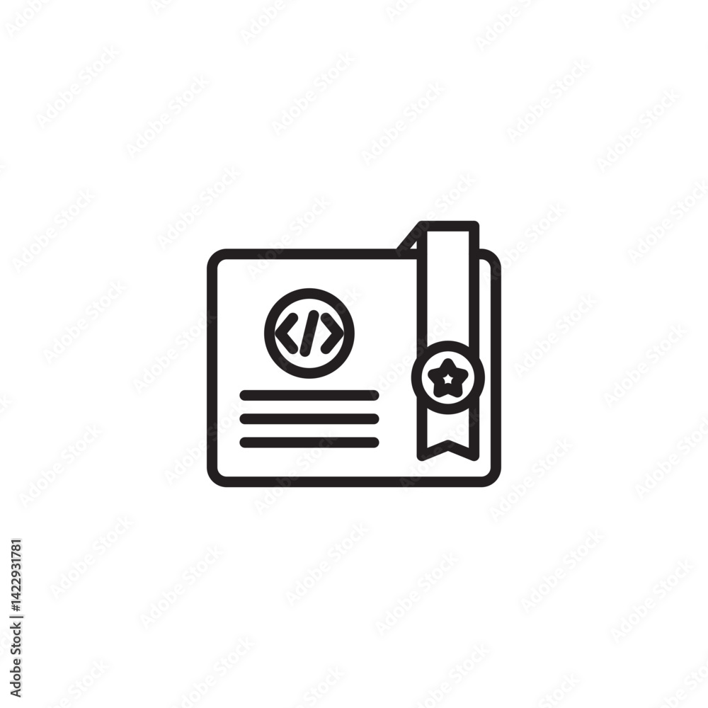 A minimalist line icon shows a certificate or diploma with a ribbon and seal. The document displays a circle containing angled brackets and horizontal lines. A minimalist line icon shows a certificate or diploma with a ribbon and seal. The document displays a circle containing angled brackets and horizontal lines.
