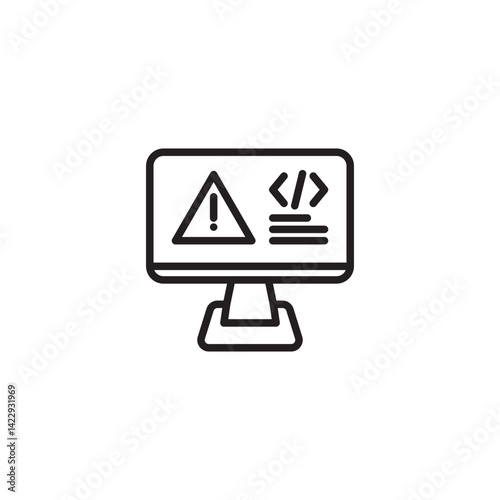 A minimalist line icon shows a computer monitor displaying a warning triangle with an exclamation mark and code snippets with angled brackets and horizontal lines, indicating a potential error in code