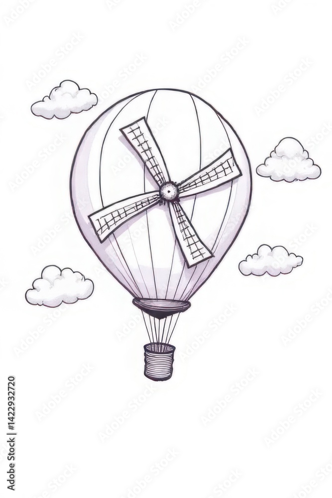 Hand-drawn illustration of a hot air balloon floating among fluffy clouds, showcasing the simplicity and joy of adventure in a whimsical style
