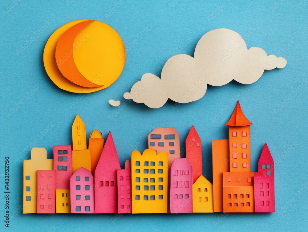 Vibrant Paper Cut Cityscape at Sunset with Whimsical Clouds and Bold Colors, Perfect for Creative Projects or Children's Themes