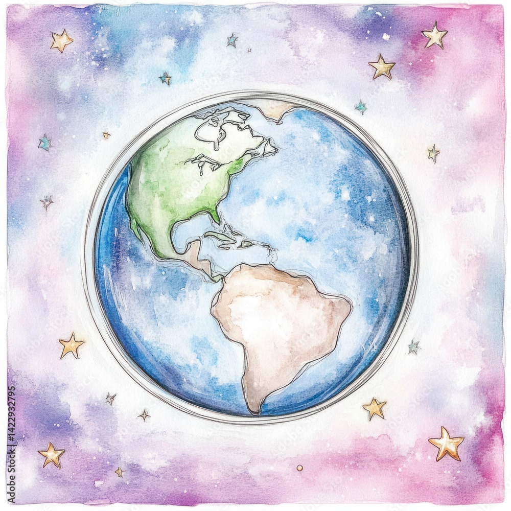 Colorful watercolor illustration of planet Earth against a starry night sky, depicting continents with vibrant colors and artistic flair.