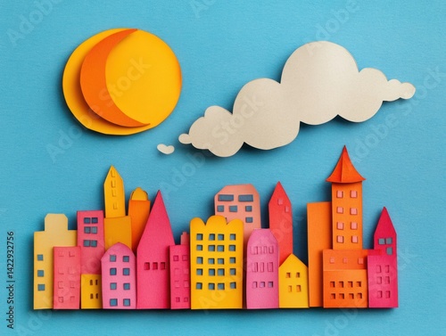 Obraz na płótnie Vibrant Paper Cut Cityscape at Sunset with Whimsical Clouds and Bold Colors, Perfect for Creative Projects or Children's Themes w salonie