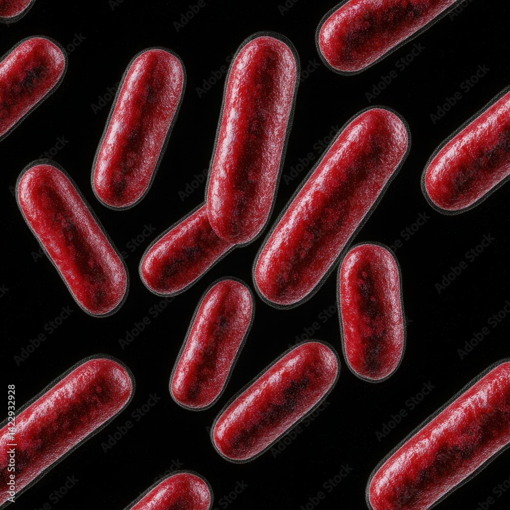 Close-Up View of Bacteria Cells Displaying Rod-Shaped Structures with Vivid Coloration on Black Background for Microbiology Studies and Education