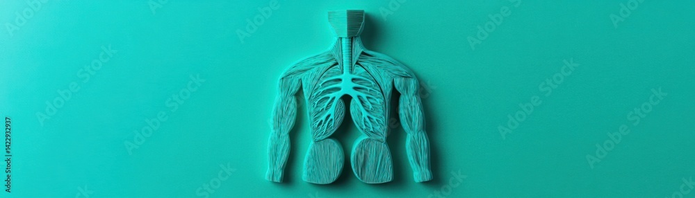 Anatomical model of human body with detailed muscles, respiratory system, and nervous system displayed on a vibrant turquoise background