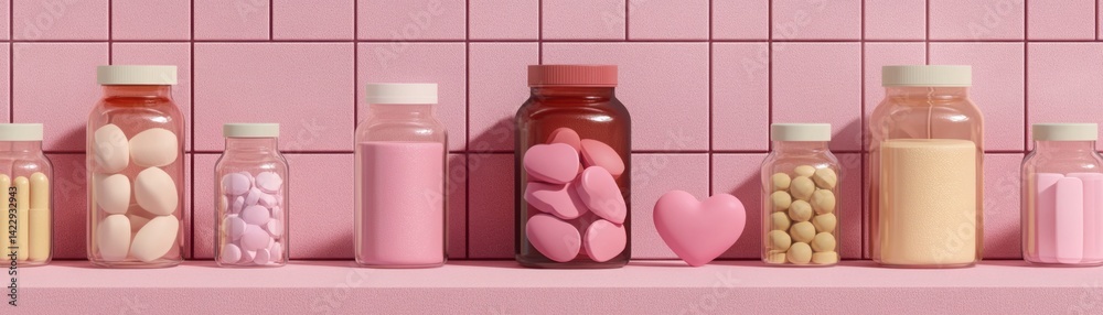 Colorful display of pastel jars filled with candy, pills, and hearts set against a pink tiled background for vibrant, playful themes, health, and wellness
