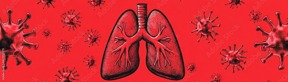 Detailed Illustration of Human Lungs Surrounded by Virus Particles on Red Background, Depicting Health Risks and Disease Spread, Science Concept