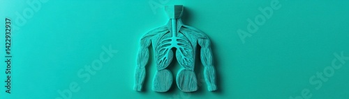 Anatomical model of human body with detailed muscles, respiratory system, and nervous system displayed on a vibrant turquoise background