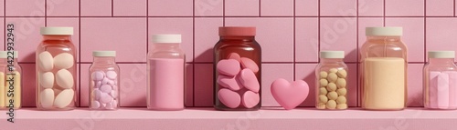 Obraz na płótnie Colorful display of pastel jars filled with candy, pills, and hearts set against a pink tiled background for vibrant, playful themes, health, and wellness w salonie