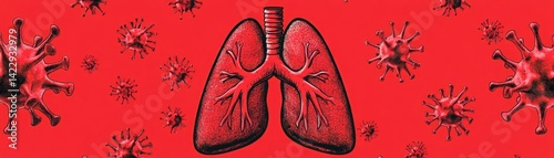 Detailed Illustration of Human Lungs Surrounded by Virus Particles on Red Background, Depicting Health Risks and Disease Spread, Science Concept