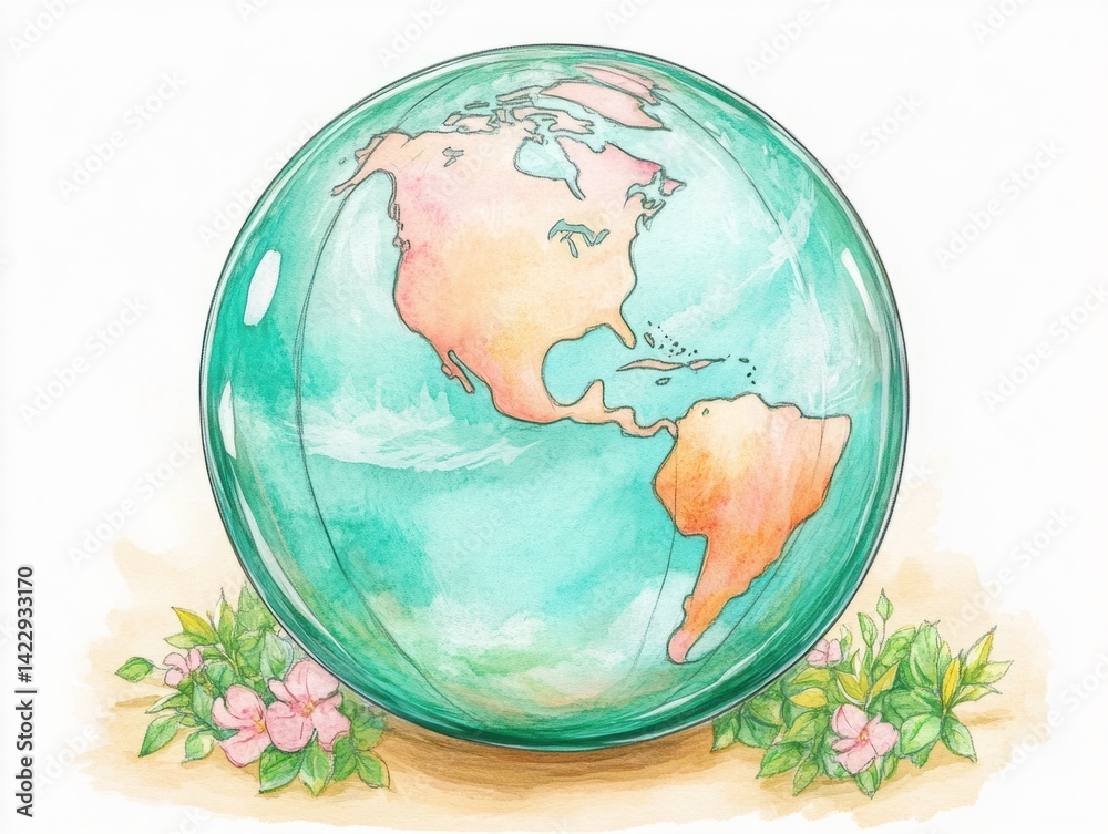 Colorful watercolor globe illustration depicting Americas with floral accents, suitable for environmental, educational, or creative projects