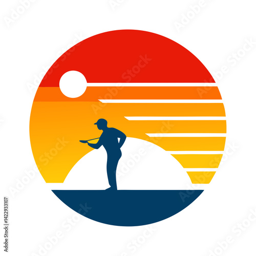 classic golfer icon with 80s style sunset in a circle t shirt design