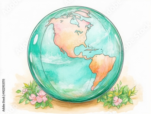 Obraz na płótnie Colorful watercolor globe illustration depicting Americas with floral accents, suitable for environmental, educational, or creative projects w salonie