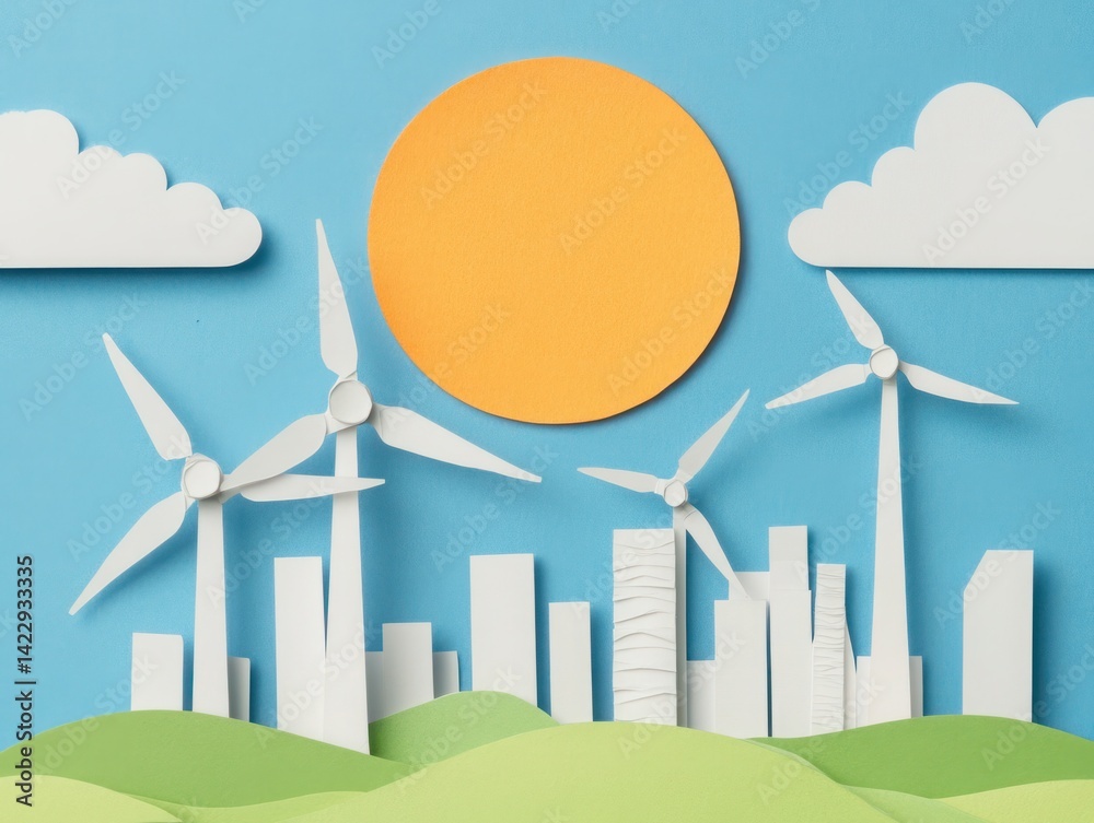 Bright sunny day with paper cutout wind turbines and city skyline against a blue background representing renewable energy and sustainability
