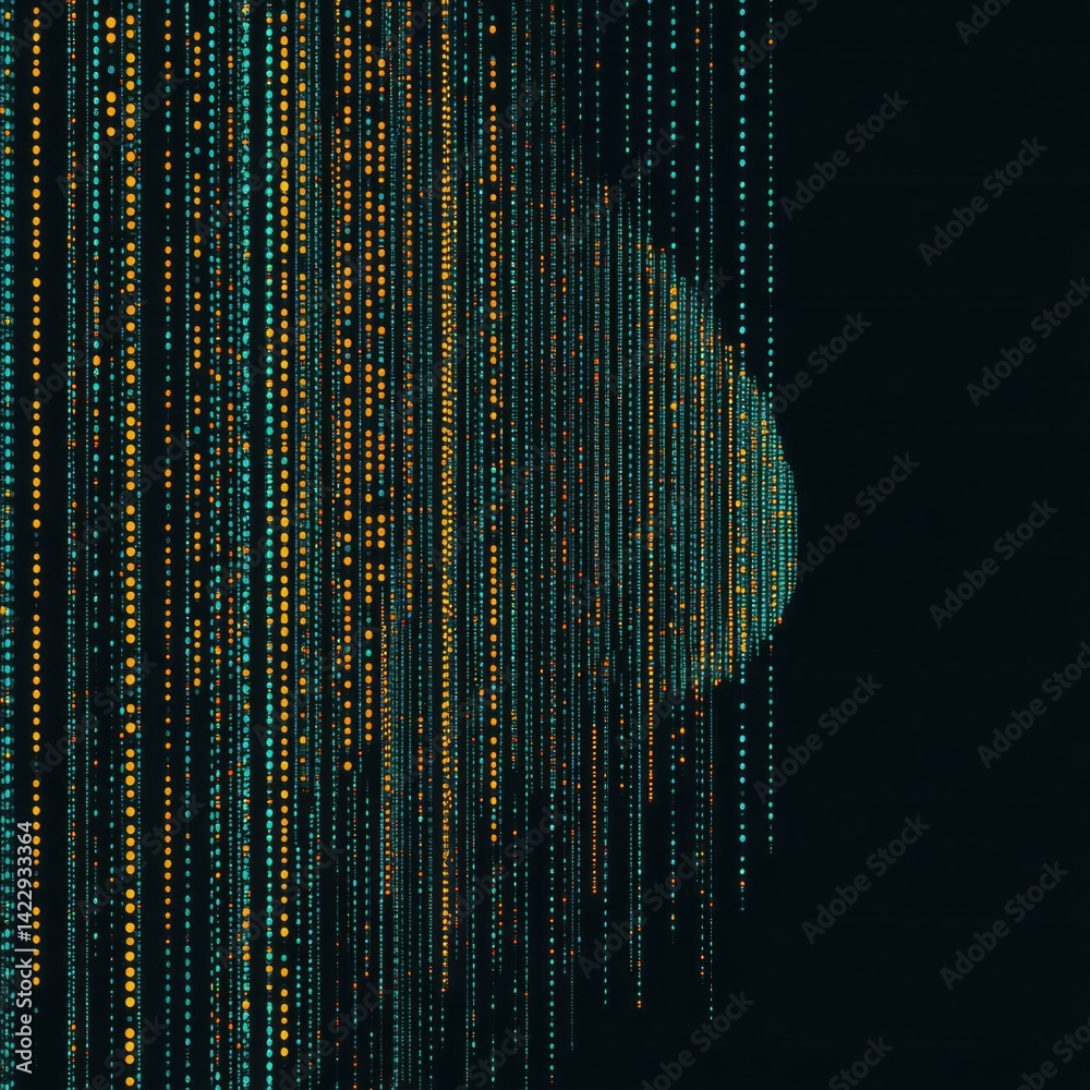 Abstract digital pattern featuring vertical lines and dots in contrasting colors, evoking themes of technology, data, and modern aesthetics in a striking dark backdrop