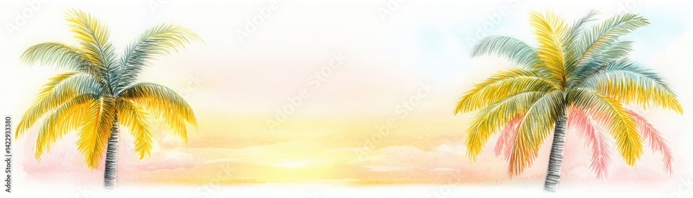 Vibrant Tropical Sunrise with Palm Trees and Soft Colors Evoking Serene Summer Vibes and Tranquil Coastal Escapes, Perfect for Travel and Relaxation Themes