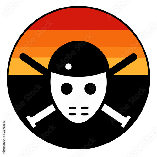goalie mask and sticks silhouette on grunge sunset t shirt design