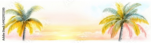 Obraz na płótnie Vibrant Tropical Sunrise with Palm Trees and Soft Colors Evoking Serene Summer Vibes and Tranquil Coastal Escapes, Perfect for Travel and Relaxation Themes w salonie
