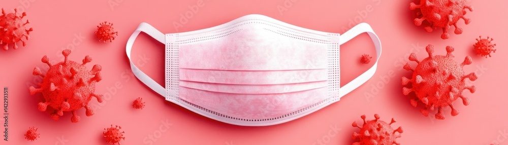 Pink Face Mask Surrounded by Red Virus Particles on a Bright Pink Background Ideal for Health and Safety Concepts in Pandemic Contexts