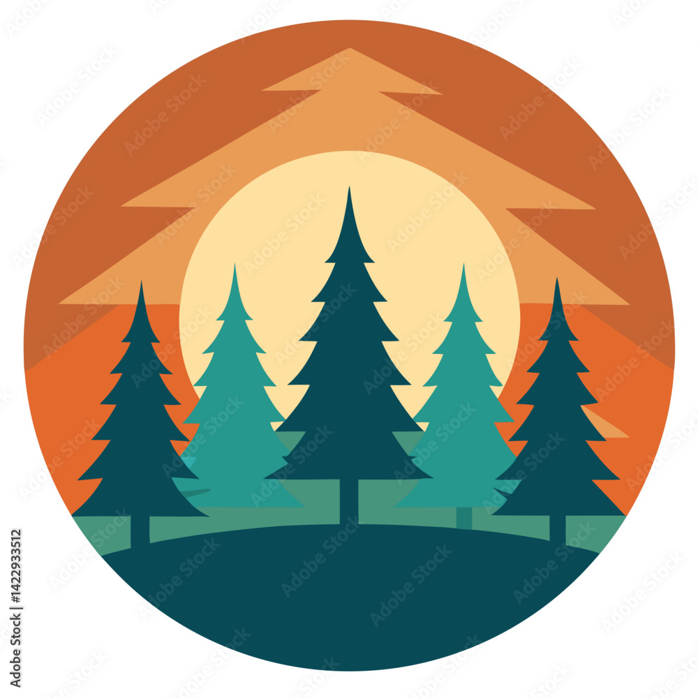 Fototapeta premium pine tree forest with sun rays and faded gradient t shirt design