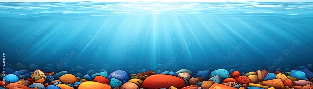 Colorful Pebbles Under Water with Sunlight Filtering Through, Creating a Beautiful and Tranquil Seascape Atmosphere Below the Ocean Surface