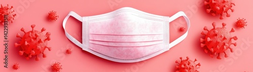 Obraz na płótnie Pink Face Mask Surrounded by Red Virus Particles on a Bright Pink Background Ideal for Health and Safety Concepts in Pandemic Contexts w salonie